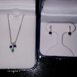 Diamond, Sapphire & Emerald Necklace & Earrings